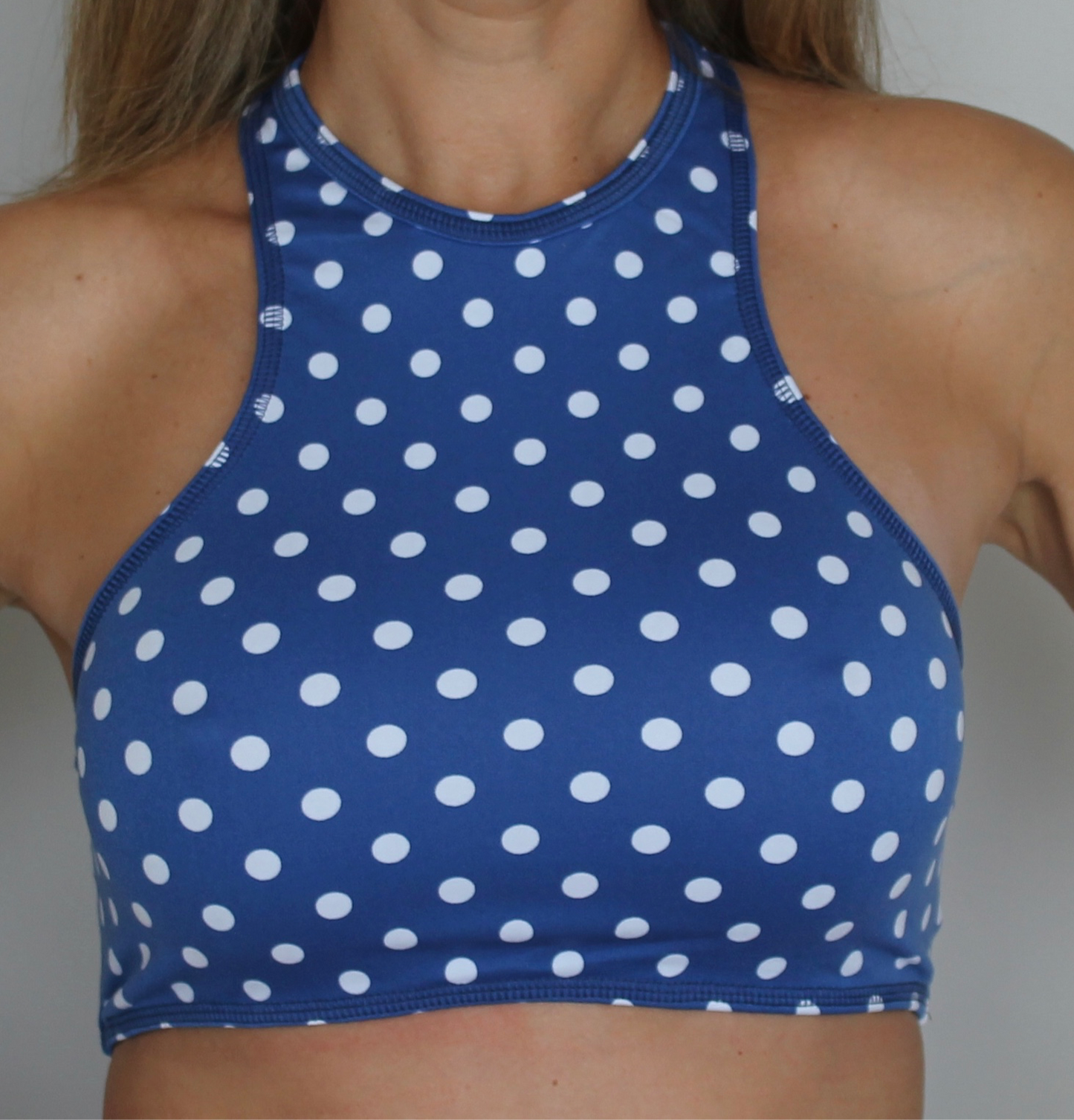 Royal blue and white polka dots high neck and racer back top
