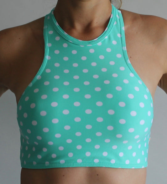 Teal and white polka dots high neck and racer back top